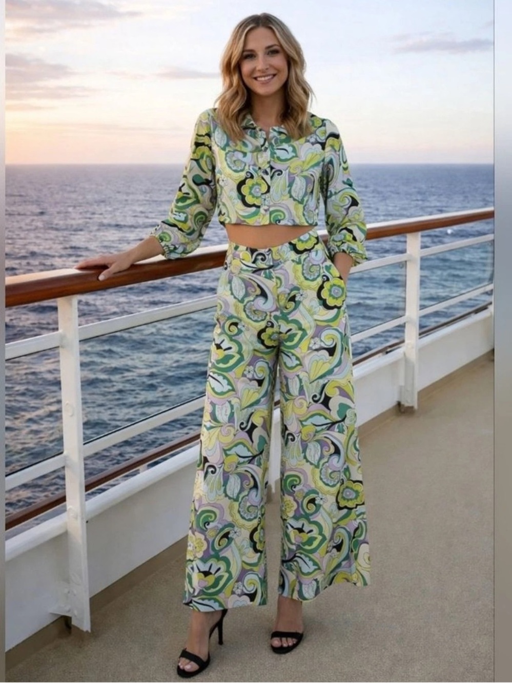 Rachel Zoe Green Paisley-Print Crop Blouse and Palazzo Wide-Leg Pants Set